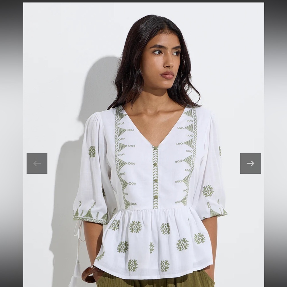 Embroidered White and Green Women's Top - Picture 1 of 9